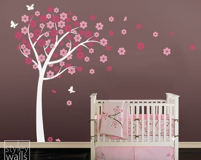 Cherry Blossom Tree-Tree Wall Decal Sticker -Nursery Vinyl Wall Decal- Flowers Cherry Tree with Butterflies - Wall Decor Blossom Wall Decal