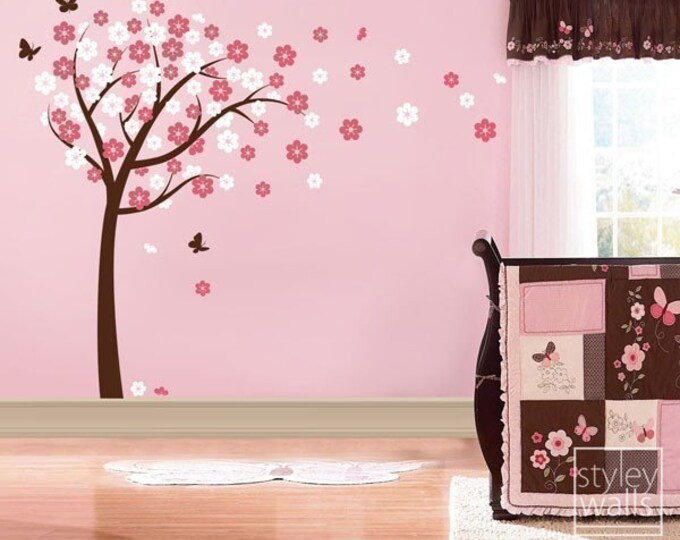 Cherry Blossom Tree-Tree Wall Decal Sticker -Nursery Vinyl Wall Decal- Flowers Cherry Tree with Butterflies - Wall Decor Blossom Wall Decal