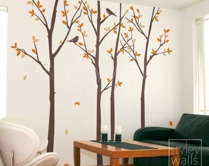 Tree Wall Decal, Forest Trees and Birds Wall Decal, Birds Trees Decal, Winter Trees Nature Vinyl Wall Decal, Winter Trees Home Decor Sticker