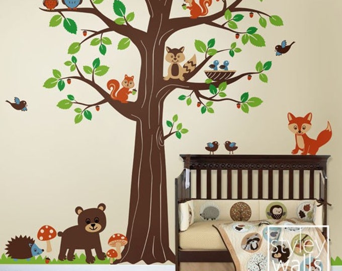 Woodland Animals Wall decal, Woodland Wall Decal,Forest Animals Huge Tree Wall Decal, Nursery Children Baby Room Wall Decal Sticker