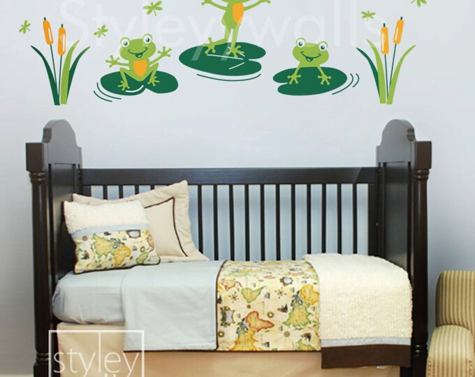 Frogs Wall Decal, Bathroom Wall Decal, Frogs Wall Sticker, Froggy Friends and Dragonflies, Nursery Vinyl Wall Decal, Frogs Kids Room Decor