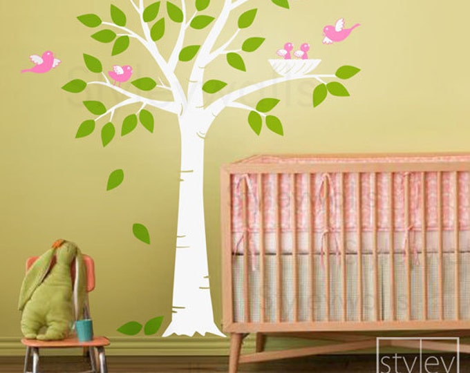 Tree Wall Decal, Tree with Bird Nest and Birds Nursery Vinyl Wall Decal, Bird Nest Tree Wall Decal, Tree Wall Sticker for Baby Room Decor