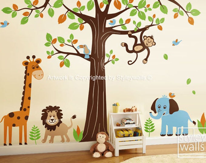 Jungle Wall Decal Safari Animals Wall Decal HUGE Set Tree Wall Decal - Lion Elephant Monkey Giraffe Nursery Kids Decal Sticker Baby Room Art