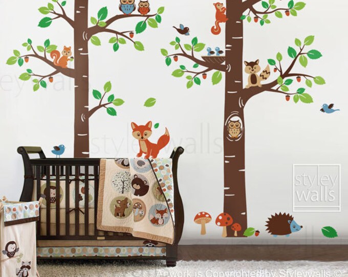 Forest Animals Wall decal Tree Wall Decal Tree Tops Woodland Critters Nursery Baby Playroom Kids Children Wall Decal Wall Sticker