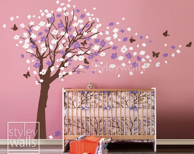 Flower Tree Wall Decal Tree and Butterflies in the Wind Wall Decal- Extra Large Size Cherry Blossom Decal Nursery Kids Children Wall Decal