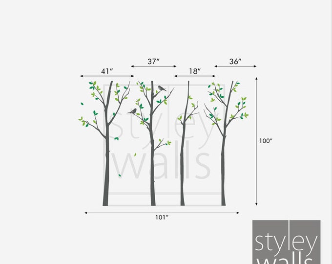 Tree Wall decal, Forest Trees Wall Decal with Birds, Winter Trees Decal Nursery Home Decor, Birch Trees Wall Decal Baby Kids Room Decor