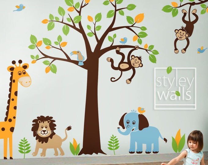 Jungle Tree Wall Decal, Jungle Animals Wall Decal, Safari Animals Wall Decal, Safari and Jungle Wall Sticker for Baby Nursery Decor