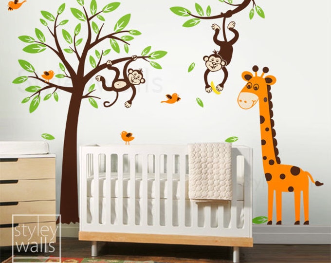 Tree Wall Decal, Monkey and Giraffe Wall Decal, Monkey Wall Decal, Giraffe Wall Decal, Jungle Animals Wall Decal for Baby Nursery Kids Room