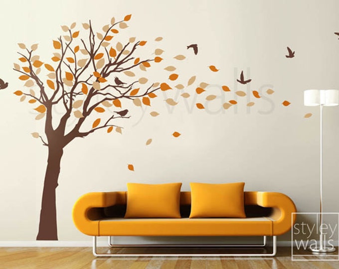 Tree decal Wall Sticker Tree with Birds and leaves blowing in the Wind - EXTRA LARGE Vinyl Wall Decal Sticker Nursery Kids Baby Children