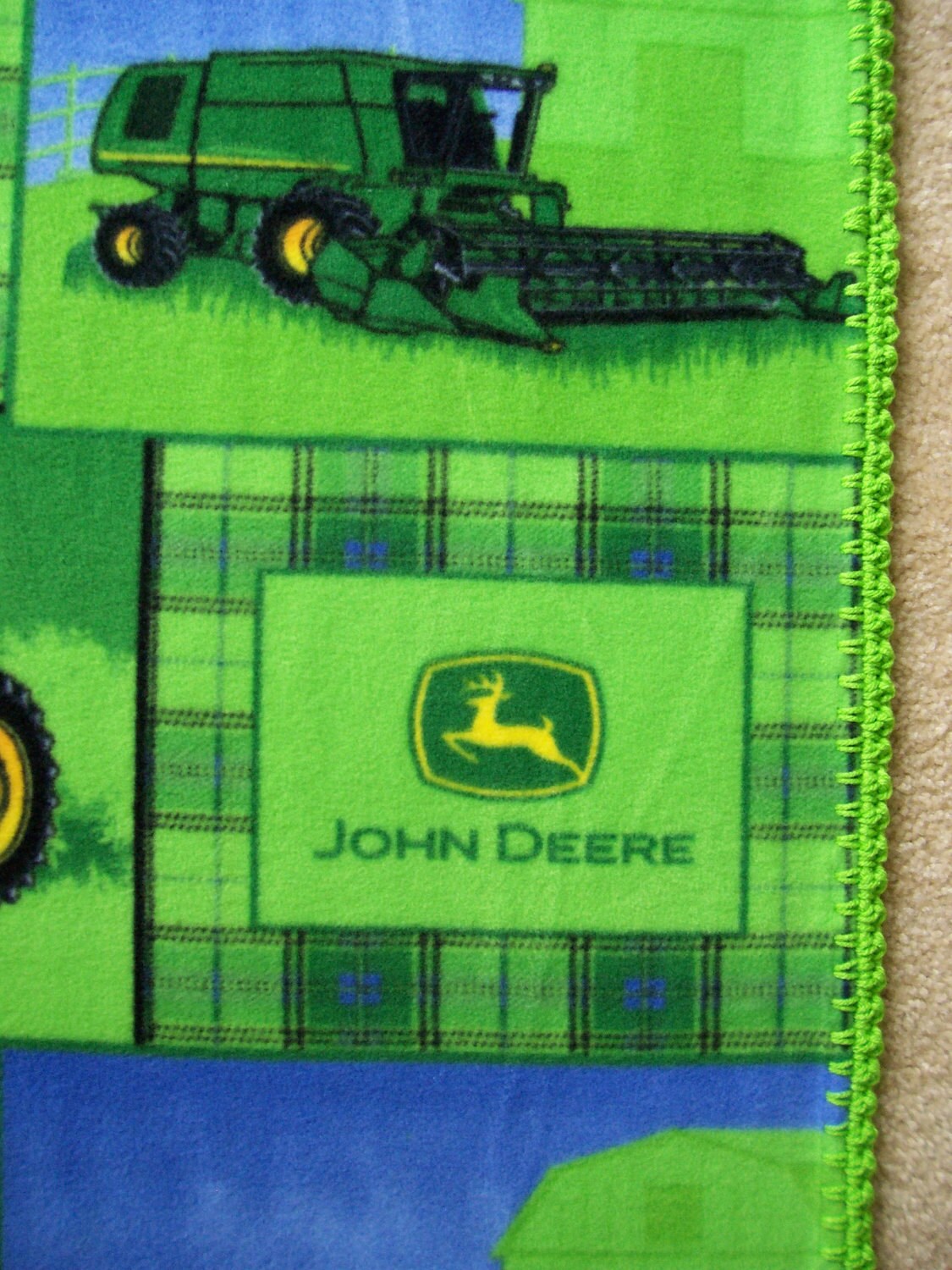 JOHN DEERE Baby Blanket Plaid TRACTOR Fleece & Hand Crochet