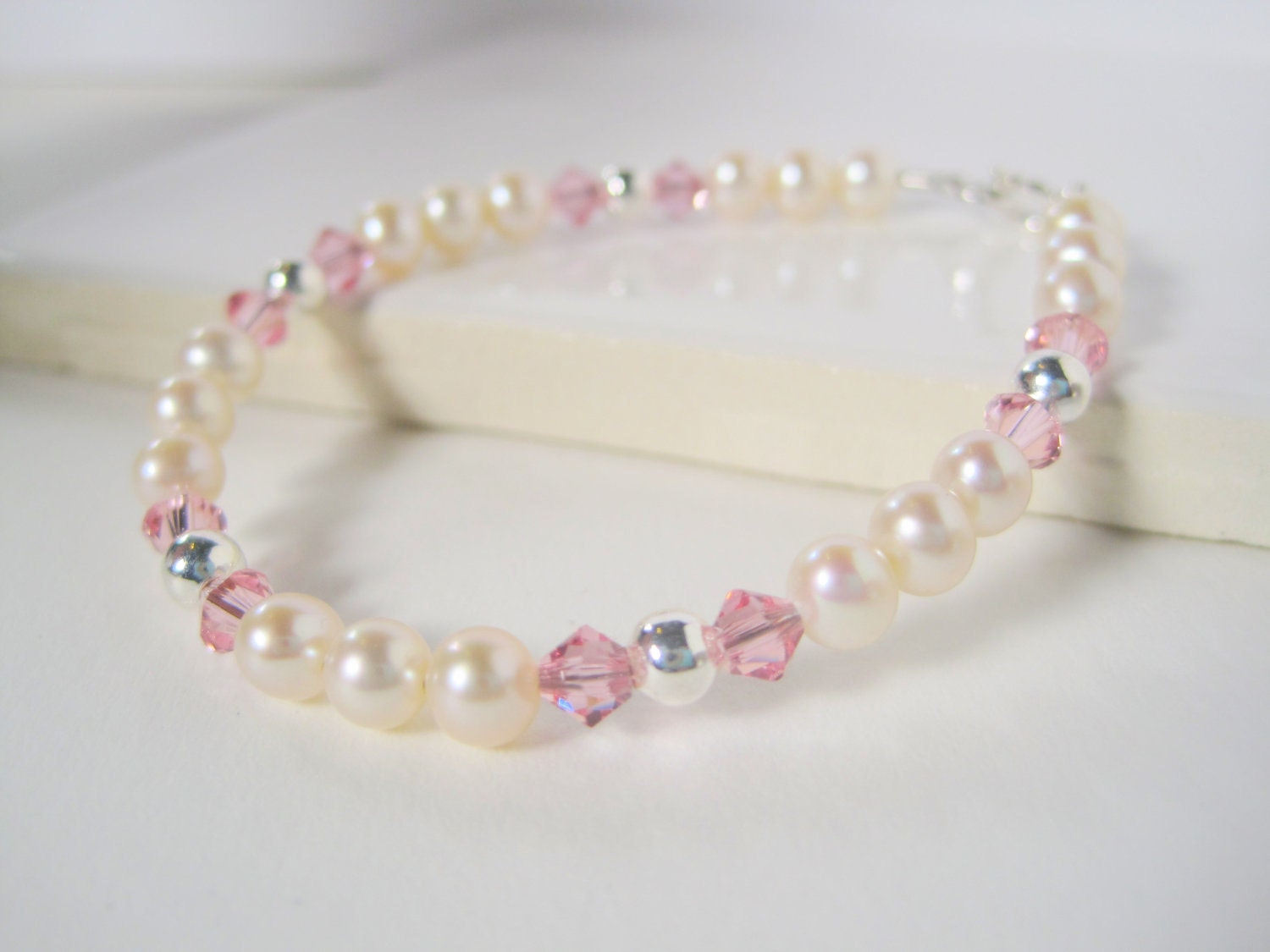 White Freshwater Pearls and Pink Swarovki Crystals Girl's Bracelet