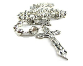 Handmade Silver Rosary Necklace with Czech Crystals and Devine Mercy