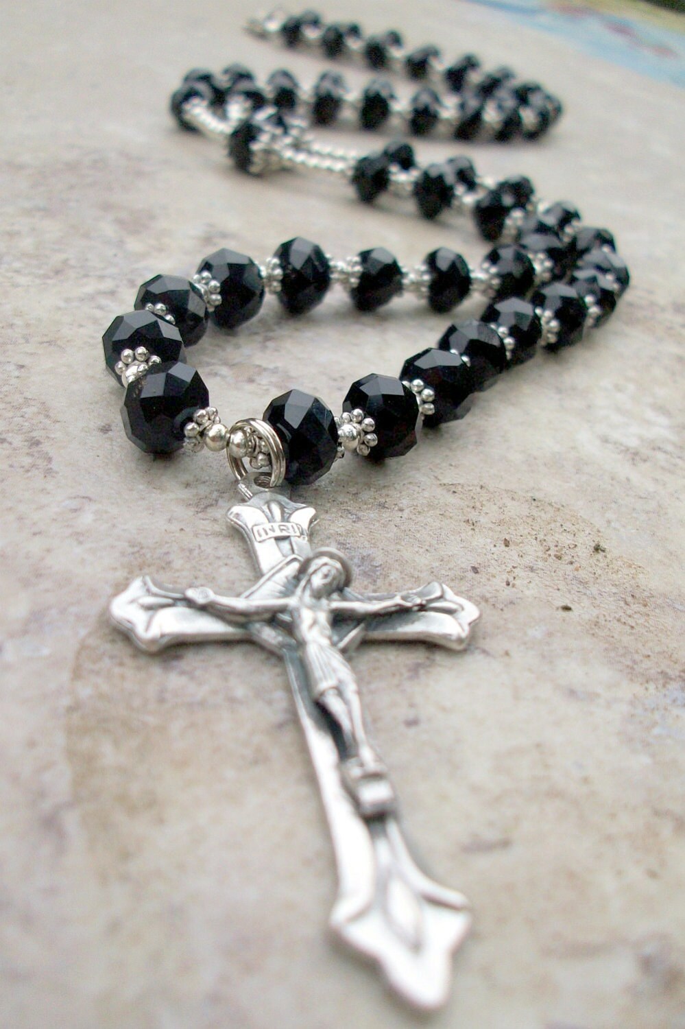 necklace design classic Mens Rosary Cross AmyKCollections inspired Black by Crystal