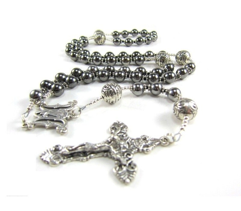 Mens Gunmetal Rosary Necklace with Silver Large by AmyKCollections