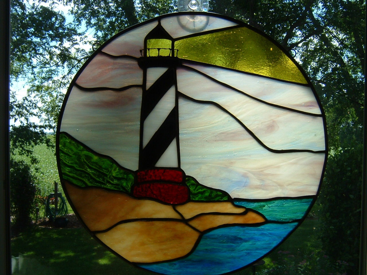 REDUCED Stained Glass Lighthouse Panel Nautical Round Blue