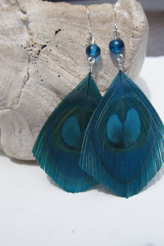 Blue Peacock Feather Earrings By Coolwatergems On Etsy 0980