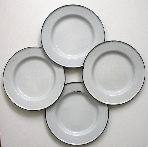 4 Vintage Picnic or Camping Plates White Enamel on Metal with