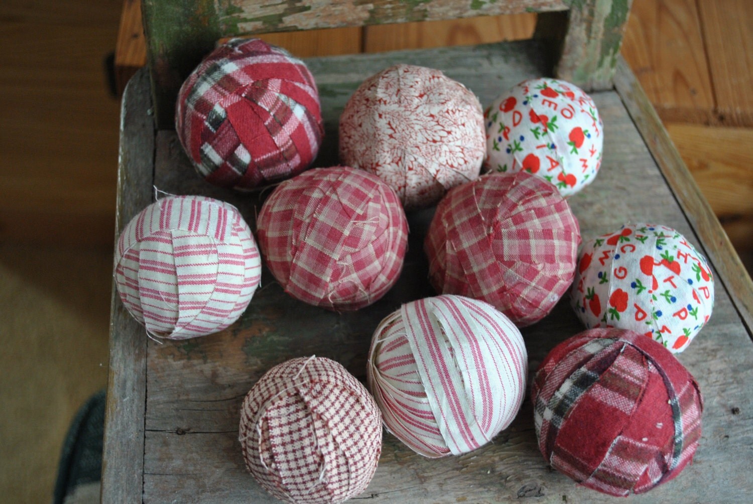 Lot Red and White Rag Rug Balls