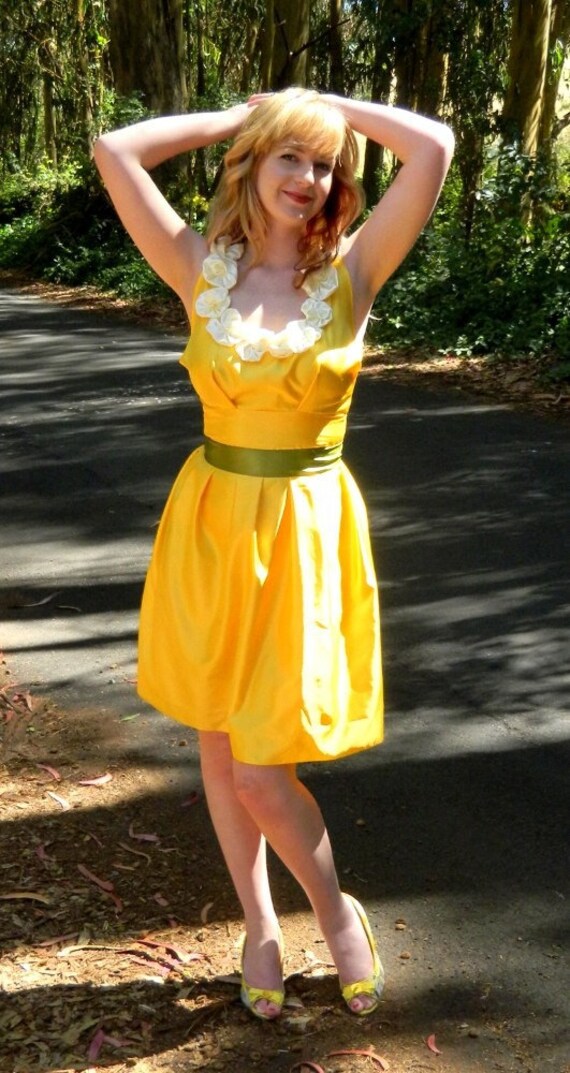 Silk Sundress Yellow with Ivory Silk Flowers and Green Moss Waistband