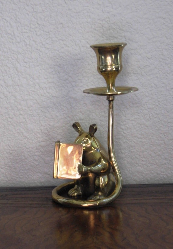 Brass Candlestick with Mouse Reading a Book