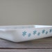White and Aqua Pyrex Casserole Dish with Snowflake Pattern 1 1/4 qt.
