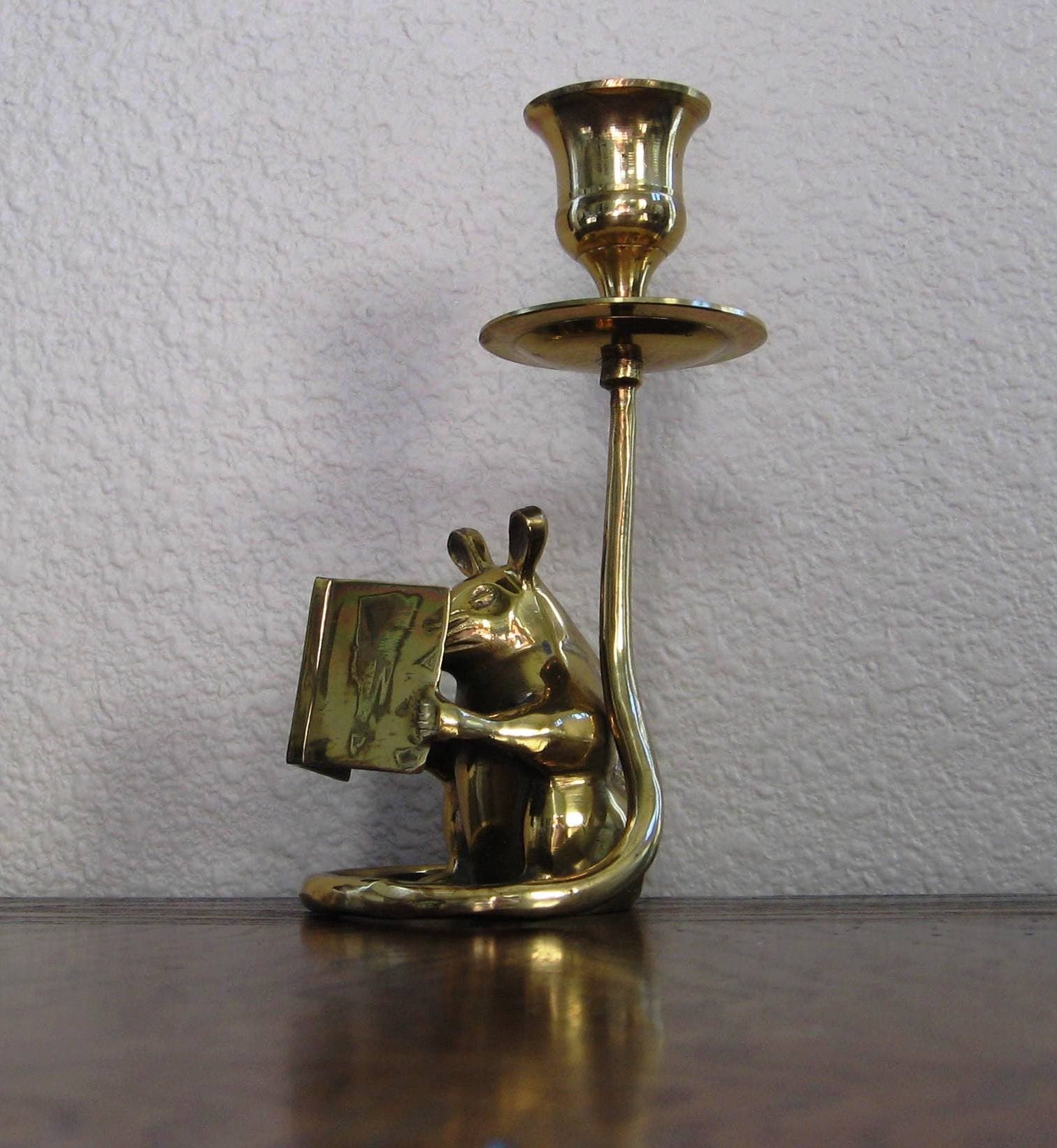 Brass Candlestick with Mouse Reading a Book