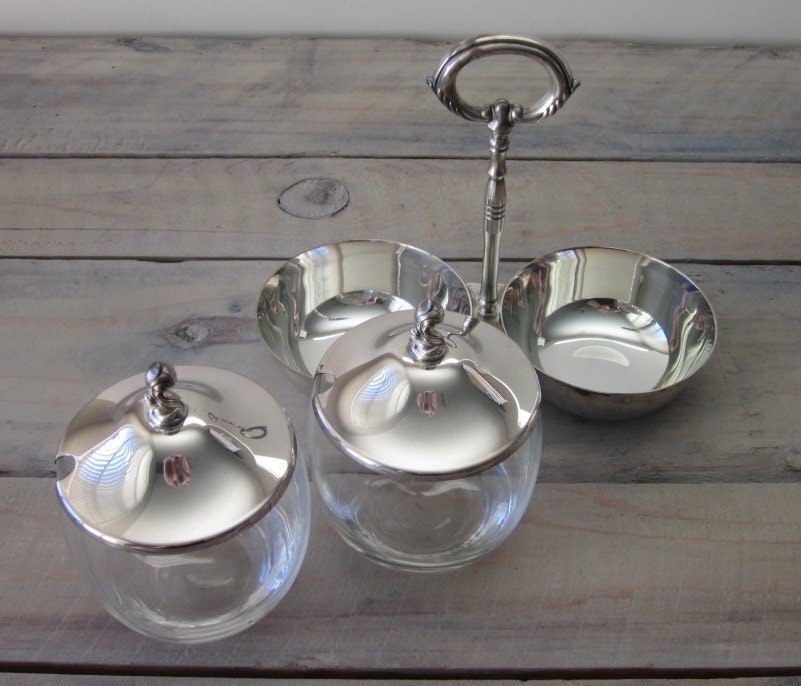 Vintage Silver Plate and Glass Condiment Set