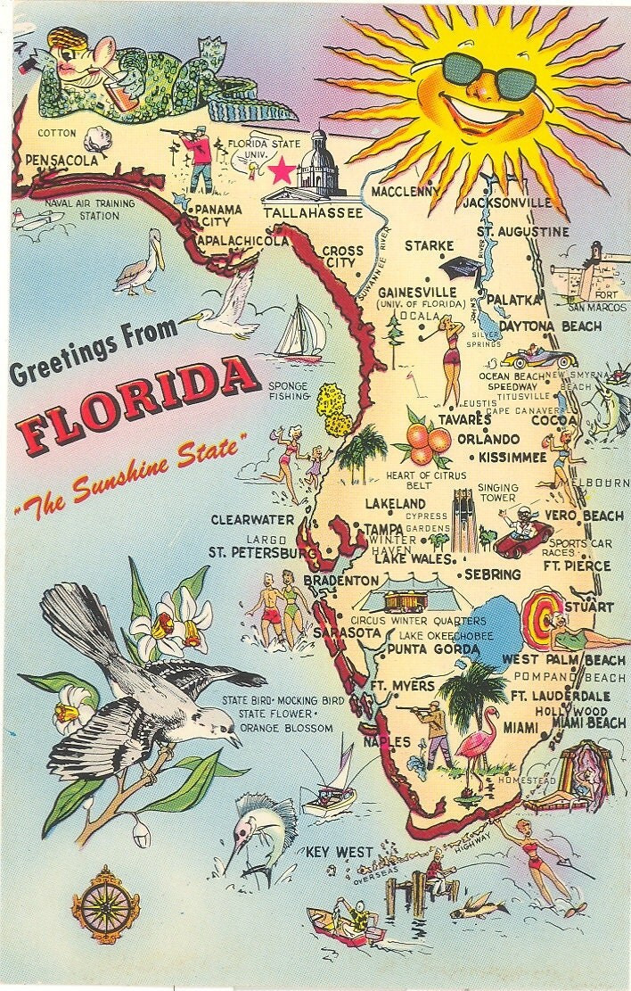 Vintage Florida Postcard Greetings Sunshine State Map