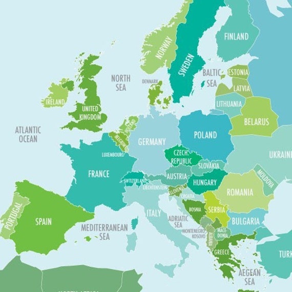 Items similar to Printable Map  of Europe  in Blue and Green 