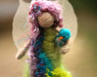 SEASONAL FAIRIES - Needle Felted Spring Forest Fairy w Bird, Original design by Borbala Arvai, Made to order