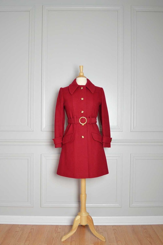 Coat Winter Wool Heavy Red Crimson Christmas Holiday Belted