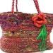 Market Bag Knit Tote Bag Large Purse Recycled Upcycled Silk Sari with Felted Wool Flower Fabric Lining