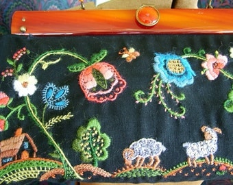 Vintage Hand Creweled Embroidered Purse