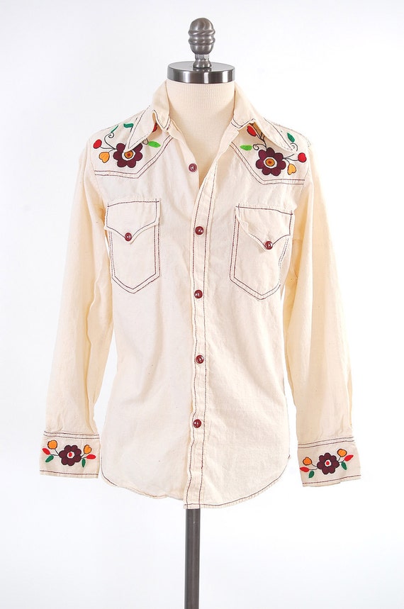 Vintage 70s cream Mexican embroidered button down shirt