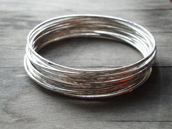 hammered sterling silver bangle bracelets: set of 10
