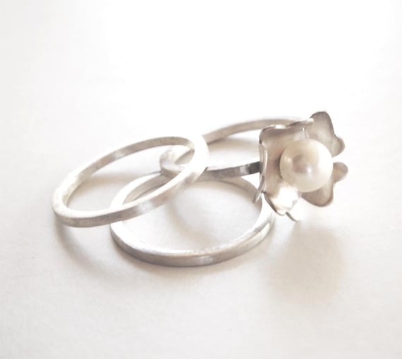 pearl ring, sterling silver, fresh water pearl bridal ring - set of 3