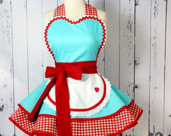 Dotties Diner Retro 50s Diner Waitress Apron Aqua and Red