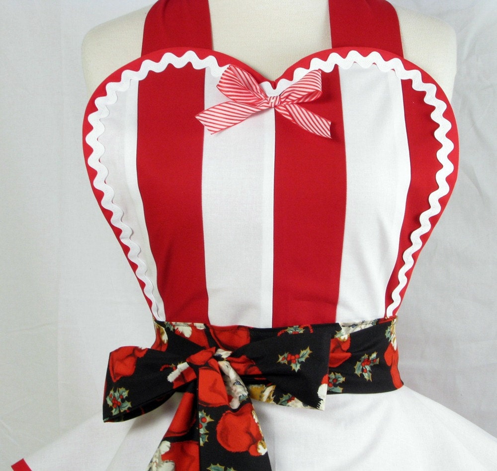 Candy Cane Apron with Kittens in Mittens Womens Holiday Apron