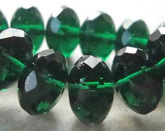 Czech Glass Beads 11 x 7mm Shamrock Green Faceted Rondelles - 6 Pieces