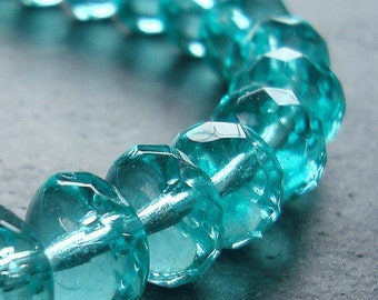 Czech Glass Beads 9 x 5mm Teal Green Faceted Rondelles - 12 Pieces