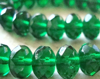 Czech Glass Beads 9 x 5mm Emerald Green Faceted Rondelles - 10 Pieces