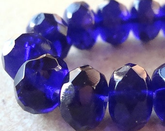 Czech Glass Beads 11 x 7mm Cobalt Blue Faceted Rondelles - 6 Pieces