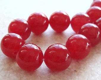 Jade Beads 10mm Raspberry Red Candy Smooth Rounds - 10 Pieces