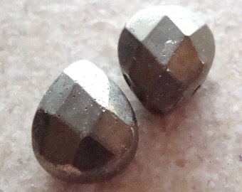 Pyrite Teardrop Beads 12 x 9mm Golden Fools Gold Faceted Briolettes - 4 Pieces