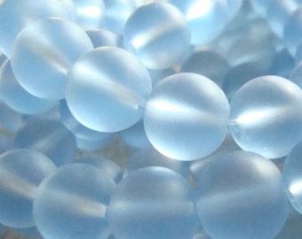 Sea Glass Beads 10mm Smooth Frosted Cornflower Blue Rounds - 12 Pieces