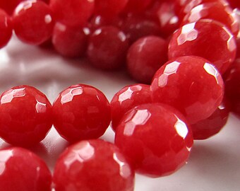 Jade Beads 10mm Strawberry Red Candy Faceted Rounds - 8 Pieces