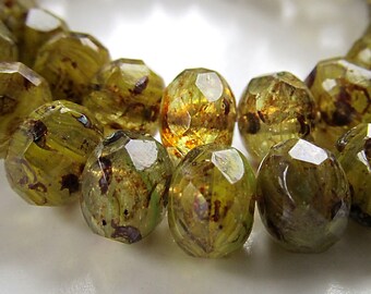 Czech Glass Beads 8 x 5mm Designer Molten Olive Green Faceted Rondelles - 10 Pieces