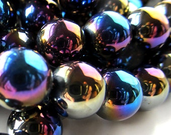 Agate Beads 10mm Jet Black w/ Rainbow AB Finish Smooth Rounds - 8 Pieces