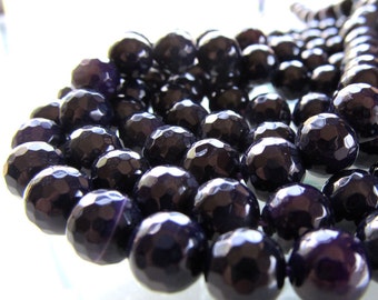 Agate Beads 8mm Sparkling Faceted Deep Grape Purple Rounds - 8 in Strand