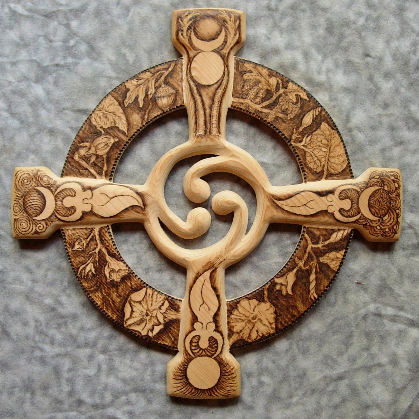 Wood Carving BurnedCeltic Wheel CrossTriple Moon Goddess